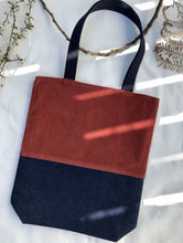 Load image into Gallery viewer, Tote bag. Rust corduroy and dark blue denim tote bag.
