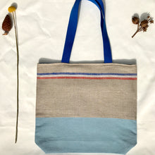 Load image into Gallery viewer, One of a kind bag. Tote Bag. 100% French linen fabric with a light blue denim bottom.
