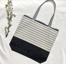 Load image into Gallery viewer, One of a kind bag. Tote Bag. Vintage striped  cotton canvas fabric with a black denim bottom.
