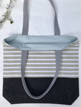 Load image into Gallery viewer, One of a kind bag. Tote Bag. Vintage striped  cotton canvas fabric with a black denim bottom.
