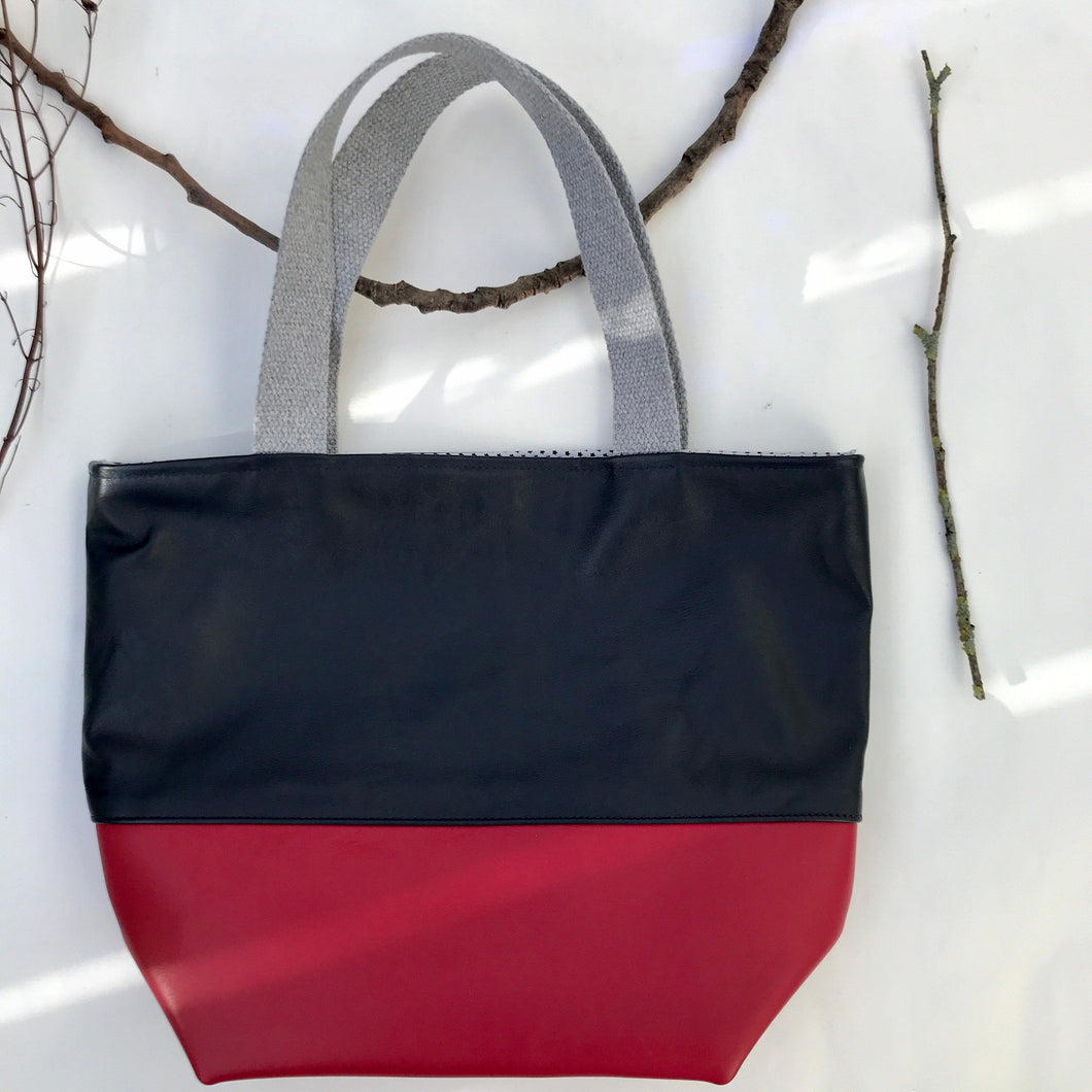 Handbag. Bag. Soft Navy blue and red leather bag.