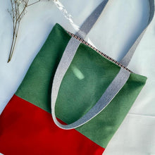 Load image into Gallery viewer, Tote bag. Green and red cotton canvas tote bag. Lined with a check cotton fabric.
