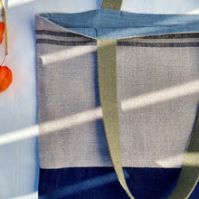 Load image into Gallery viewer, One of a kind bag. Tote Bag. French linen fabric with a dark blue denim bottom.
