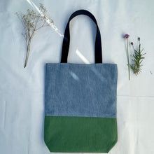 Load image into Gallery viewer, Tote bag. Light blue denim and green cotton canvas tote bag. Lined with a cherries pattern cotton fabric.
