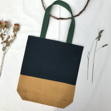 Load image into Gallery viewer, Tote bag. Vintage Japanese kimono fabric tote bag with a mustard yellow cotton denim bottom.
