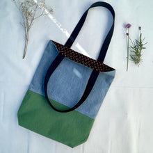 Load image into Gallery viewer, Tote bag. Light blue denim and green cotton canvas tote bag. Lined with a cherries pattern cotton fabric.
