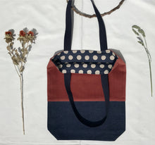 Load image into Gallery viewer, Tote bag. Rust corduroy and dark blue denim tote bag.
