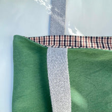 Load image into Gallery viewer, Tote bag. Green and red cotton canvas tote bag. Lined with a check cotton fabric.
