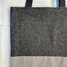 Load image into Gallery viewer, Tote bag. Grey Herringbone pattern wool with a grey washed cotton canvas bottom.

