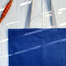 Load image into Gallery viewer, XL Tote bag. Blue cobalt corduroy and blue cotton denim tote bag.
