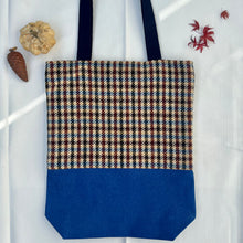 Load image into Gallery viewer, Tote bag. Ex designer check wool fabric tote bag with a royal blue cotton denim bottom.
