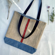 Load image into Gallery viewer, Tote bag. Vintage grain sack tote bag. Vertical green and red stripes.
