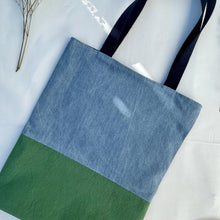 Load image into Gallery viewer, Tote bag. Light blue denim and green cotton canvas tote bag. Lined with a cherries pattern cotton fabric.
