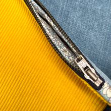 Load image into Gallery viewer, Canary yellow cotton corduroy and light blue cotton denim pouch. 2-fabric pouch with YKK zip. Zippered purse. Zippered pouch.
