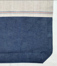 Load image into Gallery viewer, Tote bag. Vintage Hmong hemp fabric from Thailand with neon pink and blue denim stripes and a blue denim bottom.

