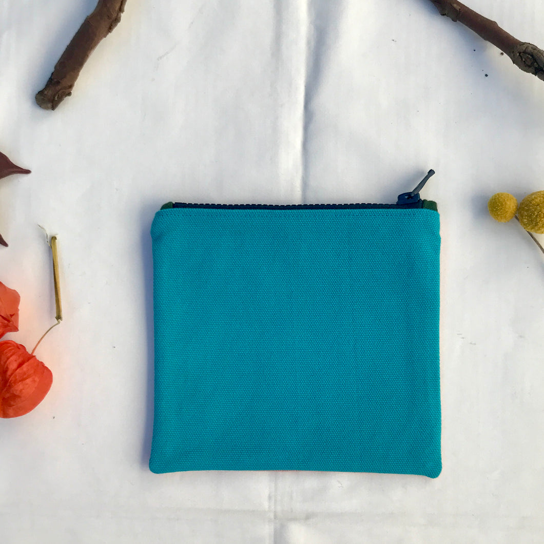 Turquoise blue and baby pink cotton canvas pouch. 2-fabric pouch with YKK zip. Zippered purse. Zippered pouch.