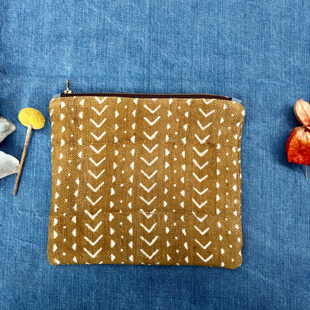 Mudcloth fabric and leather pouch. 2-material Pouch with YKK zip. Zippered purse. Zippered pouch.