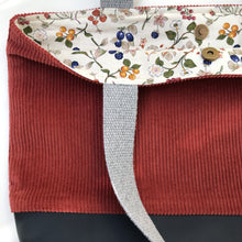 Load image into Gallery viewer, Handbag. Bag. Rust corduroy and navy blue leather bag.
