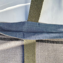 Load image into Gallery viewer, One of a kind bag. Tote Bag. French linen fabric with a dark blue denim bottom.
