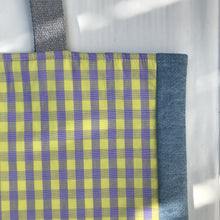 Load image into Gallery viewer, Pale mauve and yellow gingham handbag with light blue denim
