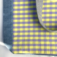 Load image into Gallery viewer, Pale mauve and yellow gingham handbag with light blue denim

