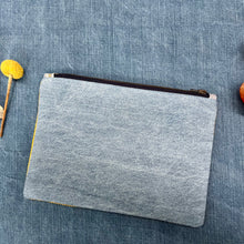 Load image into Gallery viewer, Canary yellow cotton corduroy and light blue cotton denim pouch. 2-fabric pouch with YKK zip. Zippered purse. Zippered pouch.
