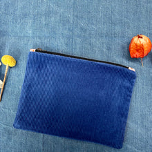Load image into Gallery viewer, Blue cobalt cotton corduroy pouch. Fabric pouch with YKK zip. Zippered purse. Zippered pouch.
