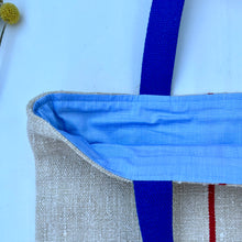 Load image into Gallery viewer, Tote bag. Vintage grain sack tote bag. Handwoven. Vertical red stripes (linen). Dark blue denim.
