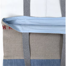 Load image into Gallery viewer, Tote Bag. 100% French linen fabric « Bon appétit » with a light blue denim bottom.
