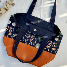 Load image into Gallery viewer, Handbag. Bag. Ex designer floral jacquard fabric and brown leather handbag.
