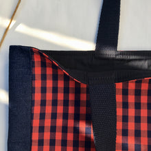 Load image into Gallery viewer, Orange and navy blue gingham handbag with blue denim
