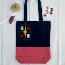 Load image into Gallery viewer, Tote bag. Vintage Japanese kimono fabric with a red bonded denim bottom.
