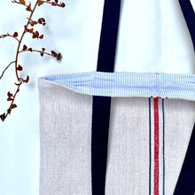 Load image into Gallery viewer, Tote bag. Vintage grain sack tote bag. Vertical deep blue and red stripes.
