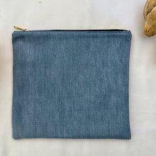 Load image into Gallery viewer, Orange cotton canvas and light blue denim pouch. 2-fabric pouch with YKK zip. Zippered purse. Zippered pouch.
