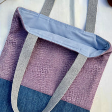 Load image into Gallery viewer, Tote bag. Pale mauve Herringbone pattern wool with a blue cotton denim bottom.
