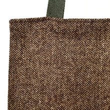 Load image into Gallery viewer, Tote bag. Brown Herringbone pattern wool with a light blue denim bottom.
