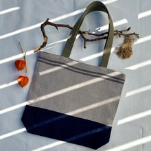 Load image into Gallery viewer, One of a kind bag. Tote Bag. French linen fabric with a dark blue denim bottom.
