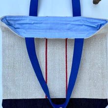 Load image into Gallery viewer, Tote bag. Vintage grain sack tote bag. Handwoven. Vertical red stripes (linen). Dark blue denim.
