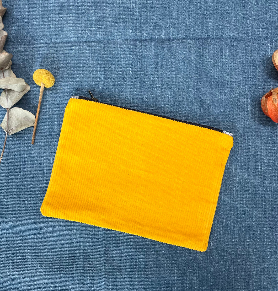 Canary yellow cotton corduroy and light blue cotton denim pouch. 2-fabric pouch with YKK zip. Zippered purse. Zippered pouch.