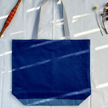 Load image into Gallery viewer, XL Tote bag. Blue cobalt corduroy and blue cotton denim tote bag.
