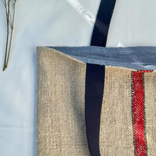 Load image into Gallery viewer, Tote bag. Vintage grain sack tote bag. Vertical green and red stripes.
