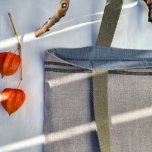 Load image into Gallery viewer, One of a kind bag. Tote Bag. French linen fabric with a dark blue denim bottom.
