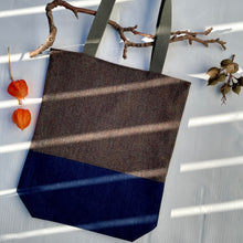 Load image into Gallery viewer, Tote bag. Green and brown tweed wool and dark blue denim tote.
