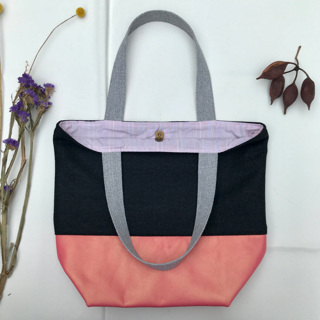 Handbag. Bag. Ex-designer dark grey wool fabric and metallic pink leather handbag.