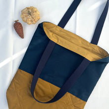 Load image into Gallery viewer, Tote bag. Vintage Japanese kimono fabric with a golden yellow woven quilt bottom.
