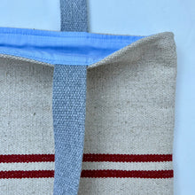 Load image into Gallery viewer, Tote bag. Heavyweight natural woven canvas with two horizontal dark red stripes. Green cotton canvas.
