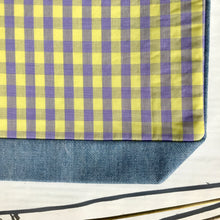 Load image into Gallery viewer, Pale mauve and yellow gingham handbag with light blue denim
