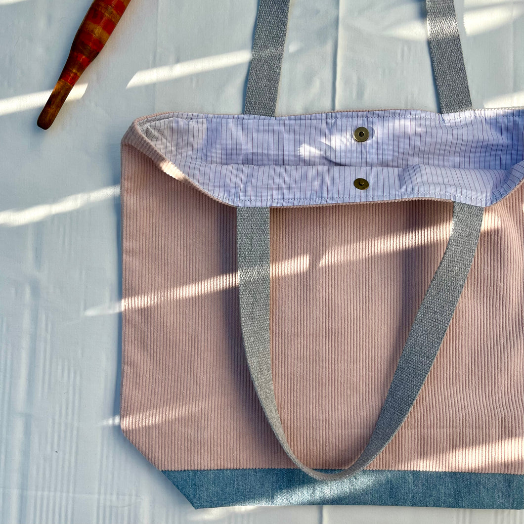 XL Tote bag. Dusty pink corduroy and light blue cotton denim tote bag.