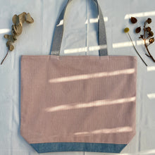 Load image into Gallery viewer, XL Tote bag. Dusty pink corduroy and light blue cotton denim tote bag.
