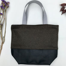 Load image into Gallery viewer, Handbag. Bag. Ex-designer olive green wool fabric and soft black leather handbag.
